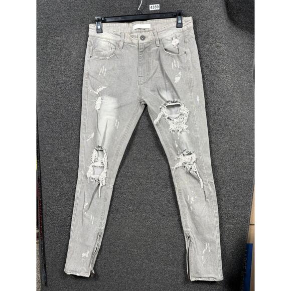 KDNK Distress Ripped Stacked Skinny Jeans Mens Size 34 Tan Waist Zip Grunge Y2K - Picture 1 of 9